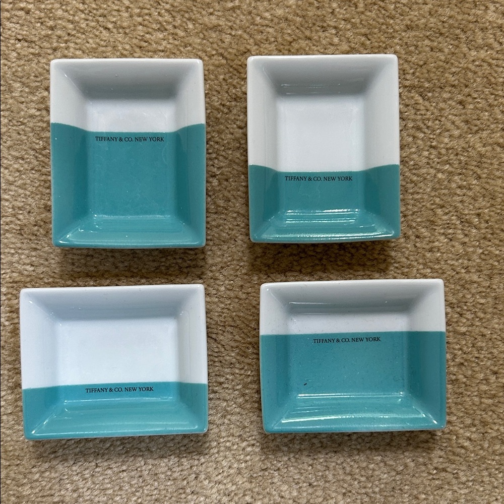 Tiffany & Co. Blue and White Ceramic Trinket Dish Set (4)